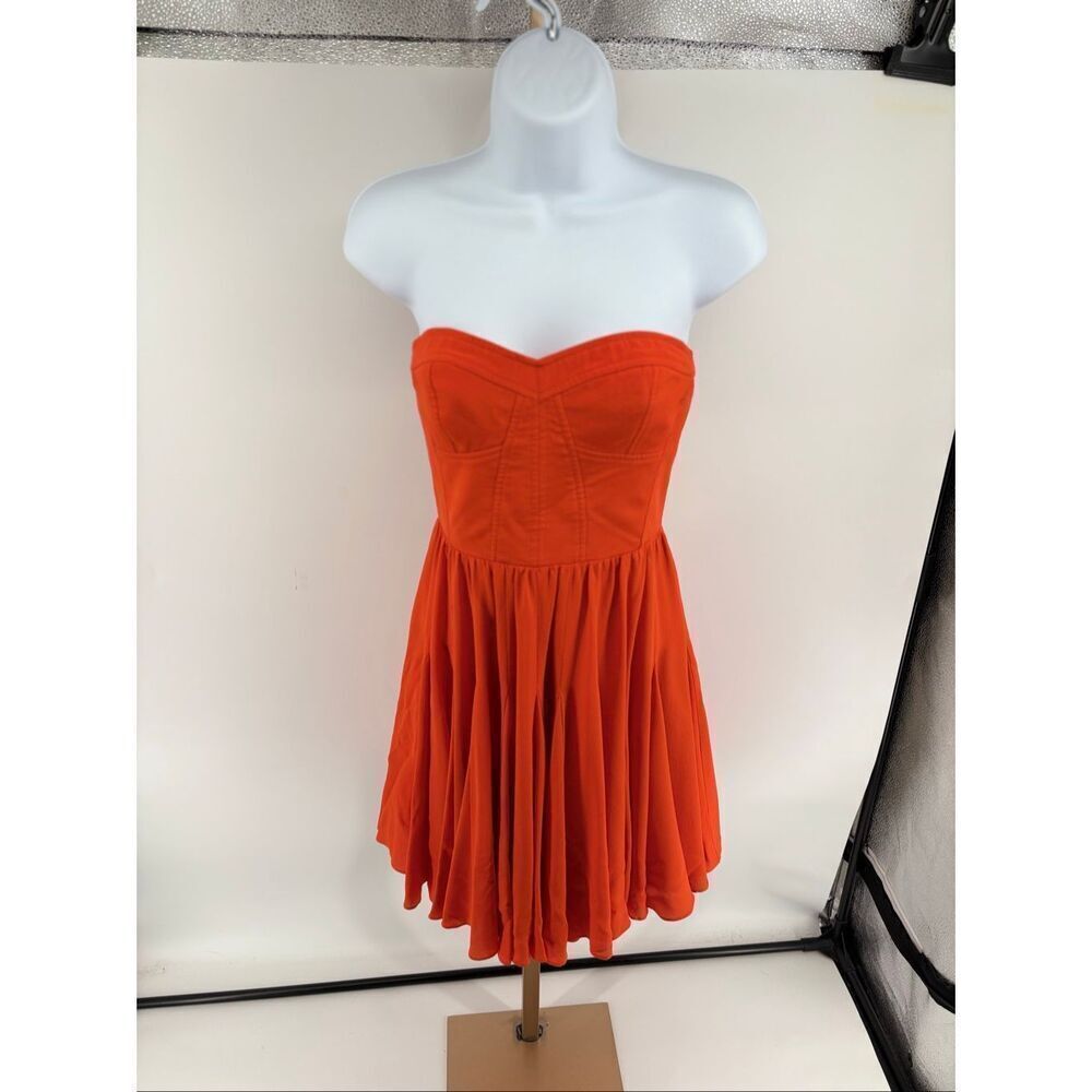 Rebecca Taylor Strapless Silk Cocktail Dress Orange Pleated Skirt Women’s 4